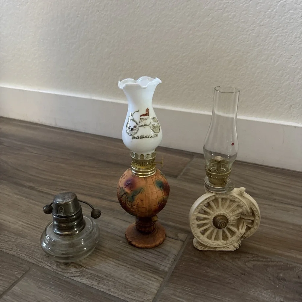 2 Vintage Small Kerosene Lamps - Glass, Copper, Metal
